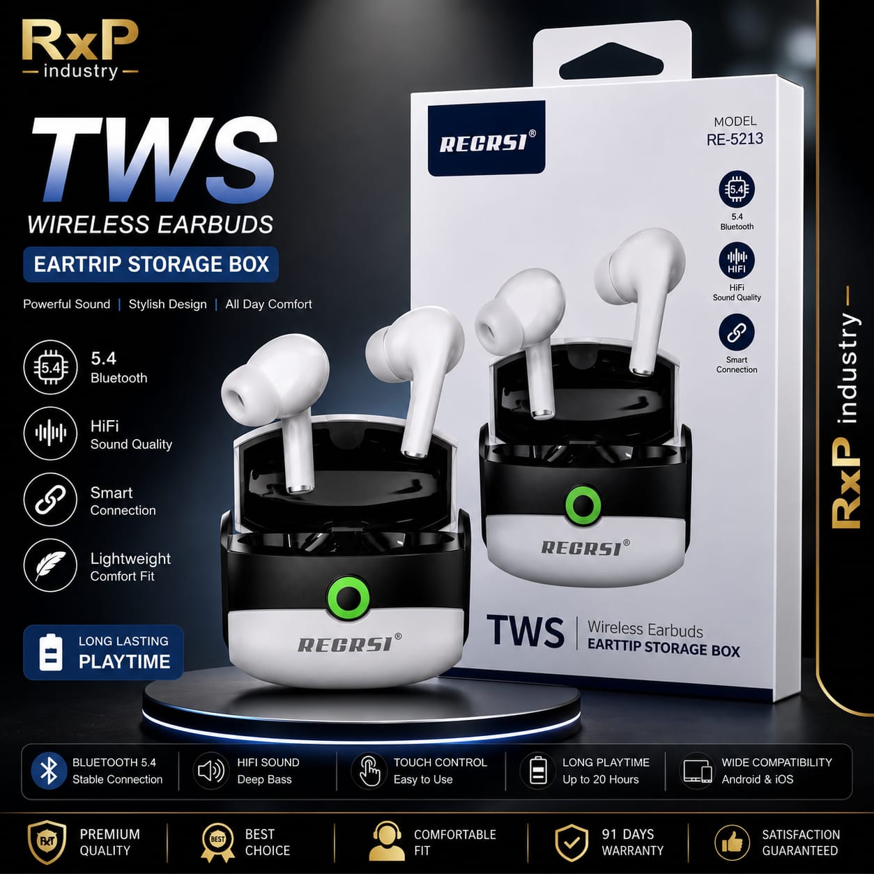 RECRSI RE S213 TWS Wireless Earbuds Bluetooth 5.4 HiFi Smart Connection Eartip Storage Box